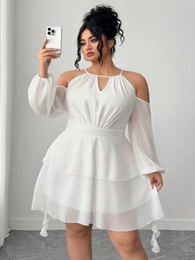 Elenzga Women's Off-Shoulder Solid Color Sweetheart Neck Lantern Sleeve Dress Fall - White - View 1