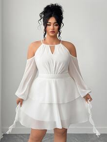 Elenzga Women's Off-Shoulder Solid Color Sweetheart Neck Lantern Sleeve Dress Fall - White - View 4