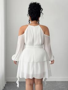 Elenzga Women's Off-Shoulder Solid Color Sweetheart Neck Lantern Sleeve Dress Fall - White - View 2