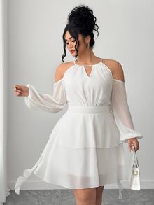 Elenzga Women's Off-Shoulder Solid Color Sweetheart Neck Lantern Sleeve Dress Fall - White - View 6