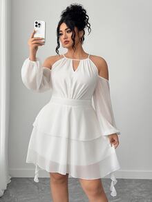 Elenzga Women's Off-Shoulder Solid Color Sweetheart Neck Lantern Sleeve Dress Fall - White - View 3