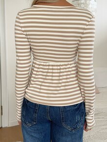 CovetEZ Women's Contrast Lace Button Design Striped Long Sleeve Casual T-Shirt - Brown - View 10