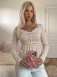 CovetEZ Women's Contrast Lace Button Design Striped Long Sleeve Casual T-Shirt - Brown - View 1