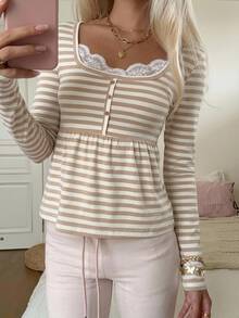 CovetEZ Women's Contrast Lace Button Design Striped Long Sleeve Casual T-Shirt - Brown - View 5