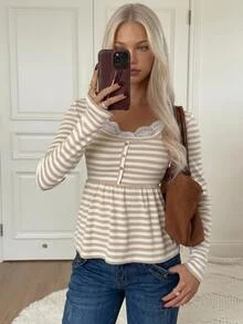 CovetEZ Women's Contrast Lace Button Design Striped Long Sleeve Casual T-Shirt - Brown - View 7