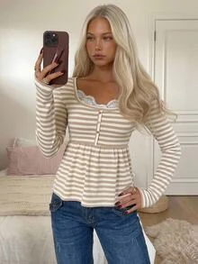 CovetEZ Women's Contrast Lace Button Design Striped Long Sleeve Casual T-Shirt - Brown - View 6