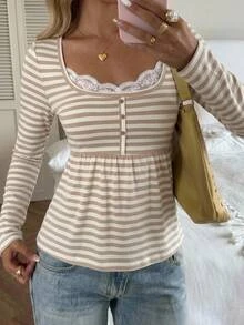 CovetEZ Women's Contrast Lace Button Design Striped Long Sleeve Casual T-Shirt - Brown - View 3