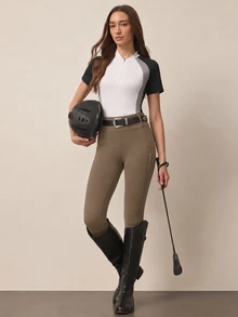 Dewbera Dewbera 女款秋冬運動馬術褲，黑色緊身常規腰頭附耳環，側邊口袋，反光波點，優化版型，9/10分長，適合日常休閒、跑步、瑜伽、健身房、網球、高爾夫、騎單車、騎馬 - 卡其色 - 查看 3