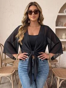 Weeklong Plus Size Women's Casual Solid Color Bell Sleeve Thin Jacket Winter Fall Autumn - Black - View 8