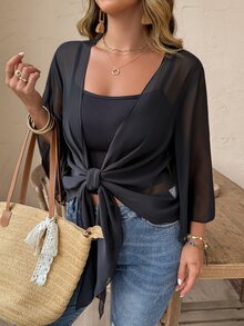 Weeklong Plus Size Women's Casual Solid Color Bell Sleeve Thin Jacket Winter Fall Autumn - Black - View 3