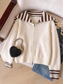 Muvela Women's Patchwork Striped Long Sleeve Zipper Front Knit Cardigan,Fall/Winter Elegant Formal Luxury Business Chic Basic Christmas Back To School - Multicolor - View 7