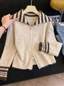 Muvela Women's Patchwork Striped Long Sleeve Zipper Front Knit Cardigan,Fall/Winter Elegant Formal Luxury Business Chic Basic Christmas Back To School - Multicolor - View 1