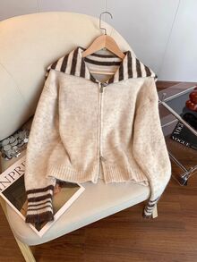 Muvela Women's Patchwork Striped Long Sleeve Zipper Front Knit Cardigan,Fall/Winter Elegant Formal Luxury Business Chic Basic Christmas Back To School - Multicolor - View 4