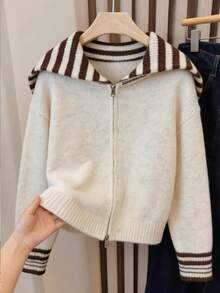 Muvela Women's Patchwork Striped Long Sleeve Zipper Front Knit Cardigan,Fall/Winter Elegant Formal Luxury Business Chic Basic Christmas Back To School - Multicolor - View 3