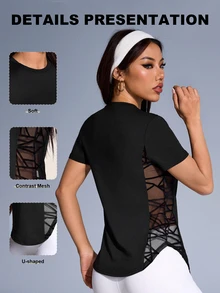 Eassivo Eassivo Women's Simple Patchwork Side Sports & Yoga Short Sleeve T-Shirt Gym Shirts - Black - View 3
