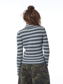 COUREZ Asymmetric Front Knit Top In Stripe /Y2K Tops For Women Fall Autumn Outfit For Women Fall Clothes Going Out Tops Cute Tops For Women  - Dark Grey - View 3