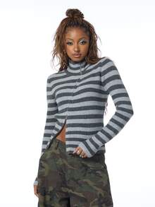 COUREZ Asymmetric Front Knit Top In Stripe /Y2K Tops For Women Fall Autumn Outfit For Women Fall Clothes Going Out Tops Cute Tops For Women  - Dark Grey - View 2