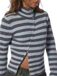 COUREZ Asymmetric Front Knit Top In Stripe /Y2K Tops For Women Fall Autumn Outfit For Women Fall Clothes Going Out Tops Cute Tops For Women  - Dark Grey - View 7