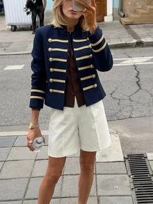 SHEIN PariChic Navy Blue Napoleon-Style Blazer With Gold Trim For Autumn/Winter; Elegant, Vintage-Inspired Navy Jacket Suitable For Business, Office, Or Teaching. - Navy Blue - View 2