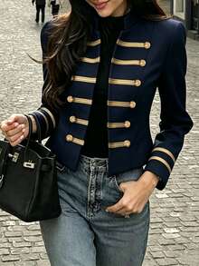 SHEIN PariChic Navy Blue Napoleon-Style Blazer With Gold Trim For Autumn/Winter; Elegant, Vintage-Inspired Navy Jacket Suitable For Business, Office, Or Teaching. - Navy Blue - View 4