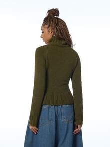 COUREZ Jersey de cuello alto con volantes / Ropa casual Y2K de otoño para mujeres para salir Blusas de otoño/invierno Conjuntos de otoño Suéteres Escapada urbana Uso diario Verde oliva - Verde militar - Ver 3