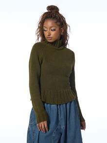 COUREZ Jersey de cuello alto con volantes / Ropa casual Y2K de otoño para mujeres para salir Blusas de otoño/invierno Conjuntos de otoño Suéteres Escapada urbana Uso diario Verde oliva - Verde militar - Ver 5