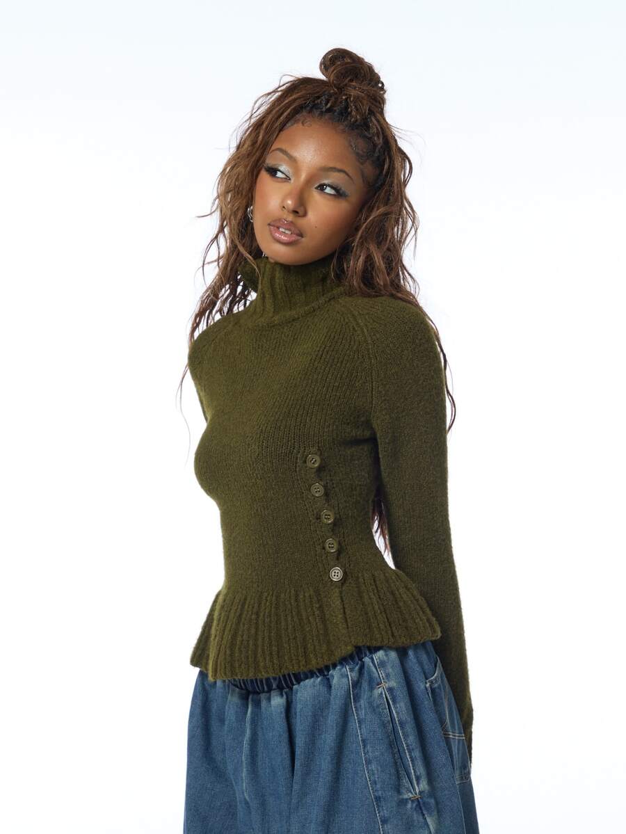 COUREZ Jersey de cuello alto con volantes / Ropa casual Y2K de otoño para mujeres para salir Blusas de otoño/invierno Conjuntos de otoño Suéteres Escapada urbana Uso diario Verde oliva - Verde militar - Ver 1