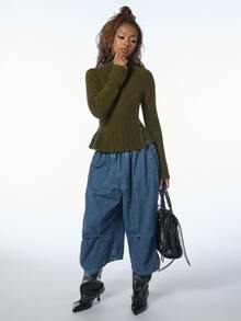 COUREZ Jersey de cuello alto con volantes / Ropa casual Y2K de otoño para mujeres para salir Blusas de otoño/invierno Conjuntos de otoño Suéteres Escapada urbana Uso diario Verde oliva - Verde militar - Ver 7