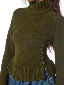 COUREZ Jersey de cuello alto con volantes / Ropa casual Y2K de otoño para mujeres para salir Blusas de otoño/invierno Conjuntos de otoño Suéteres Escapada urbana Uso diario Verde oliva - Verde militar - Ver 8