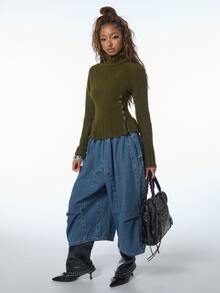 COUREZ Jersey de cuello alto con volantes / Ropa casual Y2K de otoño para mujeres para salir Blusas de otoño/invierno Conjuntos de otoño Suéteres Escapada urbana Uso diario Verde oliva - Verde militar - Ver 2