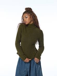 COUREZ Jersey de cuello alto con volantes / Ropa casual Y2K de otoño para mujeres para salir Blusas de otoño/invierno Conjuntos de otoño Suéteres Escapada urbana Uso diario Verde oliva - Verde militar - Ver 4