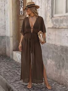 SHEIN Swim Women's Solid Color Waist Tie Kimono Cover Up For Vacation - Coffee Brown - View 4