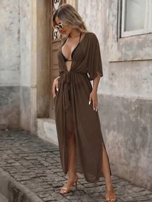 SHEIN Swim Women's Solid Color Waist Tie Kimono Cover Up For Vacation - Coffee Brown - View 5