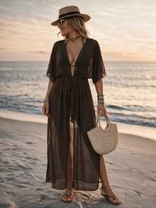 SHEIN Swim Women's Solid Color Waist Tie Kimono Cover Up For Vacation - Coffee Brown - View 2