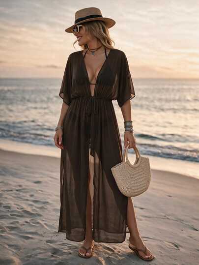 SHEIN Swim Cubierta de kimono de unicolor con lazo en la cintura para mujer para vacaciones