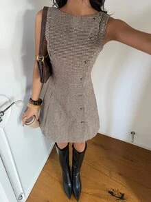 Aloruh Women's Autumn/Winter New Houndstooth Pattern Waist-Cinched A-Line Single-Breasted Mini Dress,Party Going Out Maxi Dresses,Christmas Party Dress - Brown - View 1