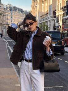 Siren Gaze Women's Solid Color Long Sleeve Zip-Up Casual Minimalist Jacket Everyday Dark Brown Fall Office - Chocolate Brown - View 2
