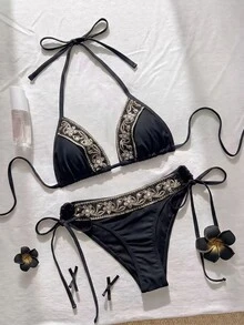 Swim Vcay 春夏陽光沙灘女款兩件式泳衣套裝，純色亮片刺繡緞帶細肩帶掛脖側綁帶三角比基尼 - 黑色 - 查看 6