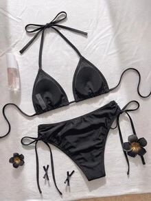 Swim Vcay 春夏陽光沙灘女款兩件式泳衣套裝，純色亮片刺繡緞帶細肩帶掛脖側綁帶三角比基尼 - 黑色 - 查看 2