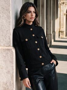 Anewsta Autumn/Winter New Commuter Workwear Pocket Metal Button Decor Modern Jacket Long Sleeve Women's Coat - Black - View 6
