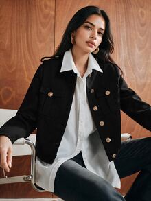 Anewsta Autumn/Winter New Commuter Workwear Pocket Metal Button Decor Modern Jacket Long Sleeve Women's Coat - Black - View 5