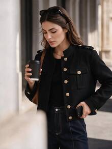 Anewsta Autumn/Winter New Commuter Workwear Pocket Metal Button Decor Modern Jacket Long Sleeve Women's Coat - Black - View 1