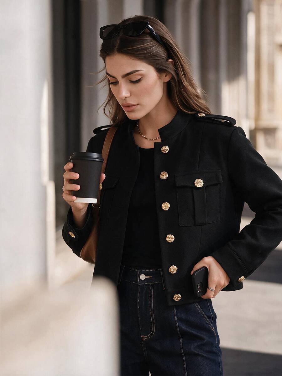 Anewsta Autumn/Winter New Commuter Workwear Pocket Metal Button Decor Modern Jacket Long Sleeve Women's Coat - Black - View 1