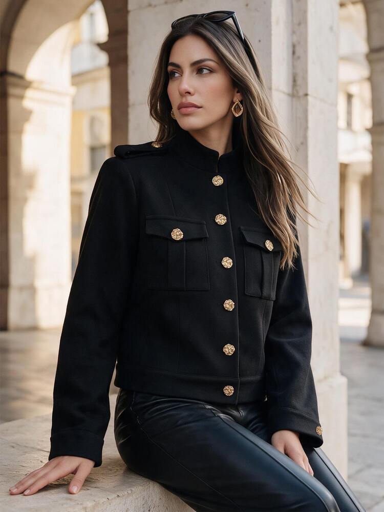 Anewsta Autumn/Winter New Commuter Workwear Pocket Metal Button Decor Modern Jacket Long Sleeve Women's Coat - Black - View 4