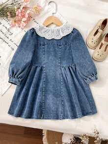 Elladie kids 少女牛仔蝴蝶結極簡牛仔洋裝，Y2K風格，秋季新款，假日穿搭，校園風，夏季假期穿搭，牛仔裙蝴蝶結 - 藍色 - 查看 2