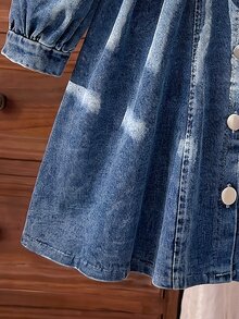 Elladie kids 少女牛仔蝴蝶結極簡牛仔洋裝，Y2K風格，秋季新款，假日穿搭，校園風，夏季假期穿搭，牛仔裙蝴蝶結 - 藍色 - 查看 3