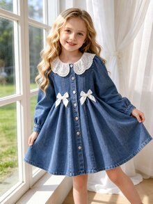 Elladie kids 少女牛仔蝴蝶結極簡牛仔洋裝，Y2K風格，秋季新款，假日穿搭，校園風，夏季假期穿搭，牛仔裙蝴蝶結 - 藍色 - 查看 1