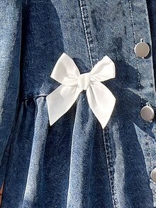 Elladie kids 少女牛仔蝴蝶結極簡牛仔洋裝，Y2K風格，秋季新款，假日穿搭，校園風，夏季假期穿搭，牛仔裙蝴蝶結 - 藍色 - 查看 5
