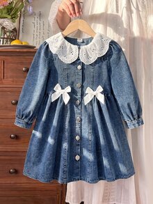 Elladie kids 少女牛仔蝴蝶結極簡牛仔洋裝，Y2K風格，秋季新款，假日穿搭，校園風，夏季假期穿搭，牛仔裙蝴蝶結 - 藍色 - 查看 6