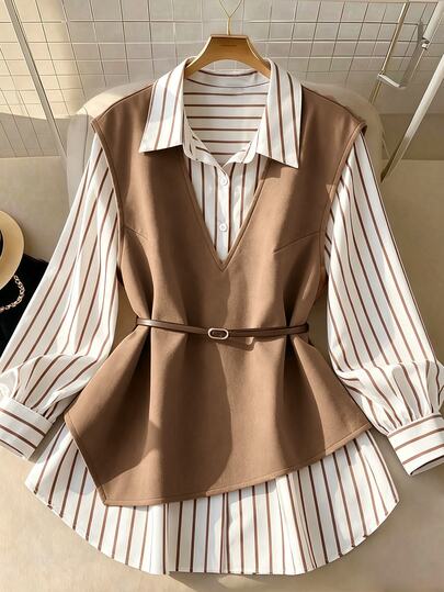 Franclia Summer New Lightweight Mature Commuter Style Vertical Striped Shirt With Coffee-Colored Vest, Gentle Two Pieces Set Fall